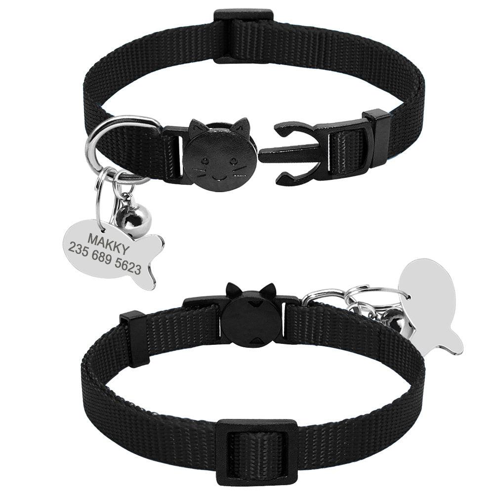 Quick Release Cat ID Collar - Plastic buckle with D ring for easy on/off. Personalized fish-shaped ID tag with engraving option. Includes bell for easy locating. Available in adjustable sizes and classic colors.