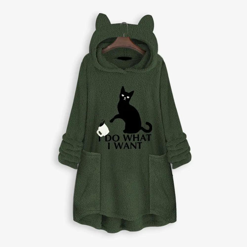 Cat Hooded Hoodie for Women - Double-sided velvet for a soft, cozy feel. Polyester blend with spandex for durability and stretch. Features hood with cute cat ears. Perfect for lounging or casual outings