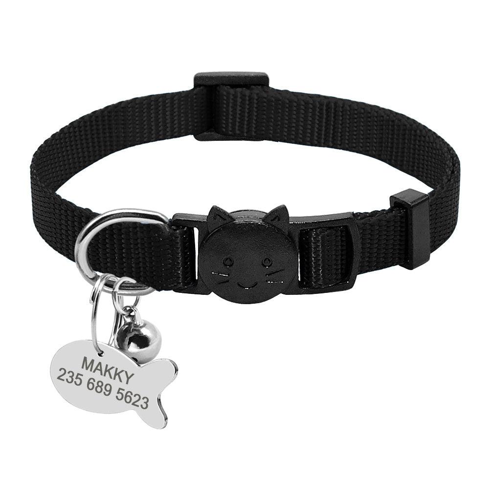 Quick Release Cat ID Collar - Plastic buckle with D ring for easy on/off. Personalized fish-shaped ID tag with engraving option. Includes bell for easy locating. Available in adjustable sizes and classic colors.