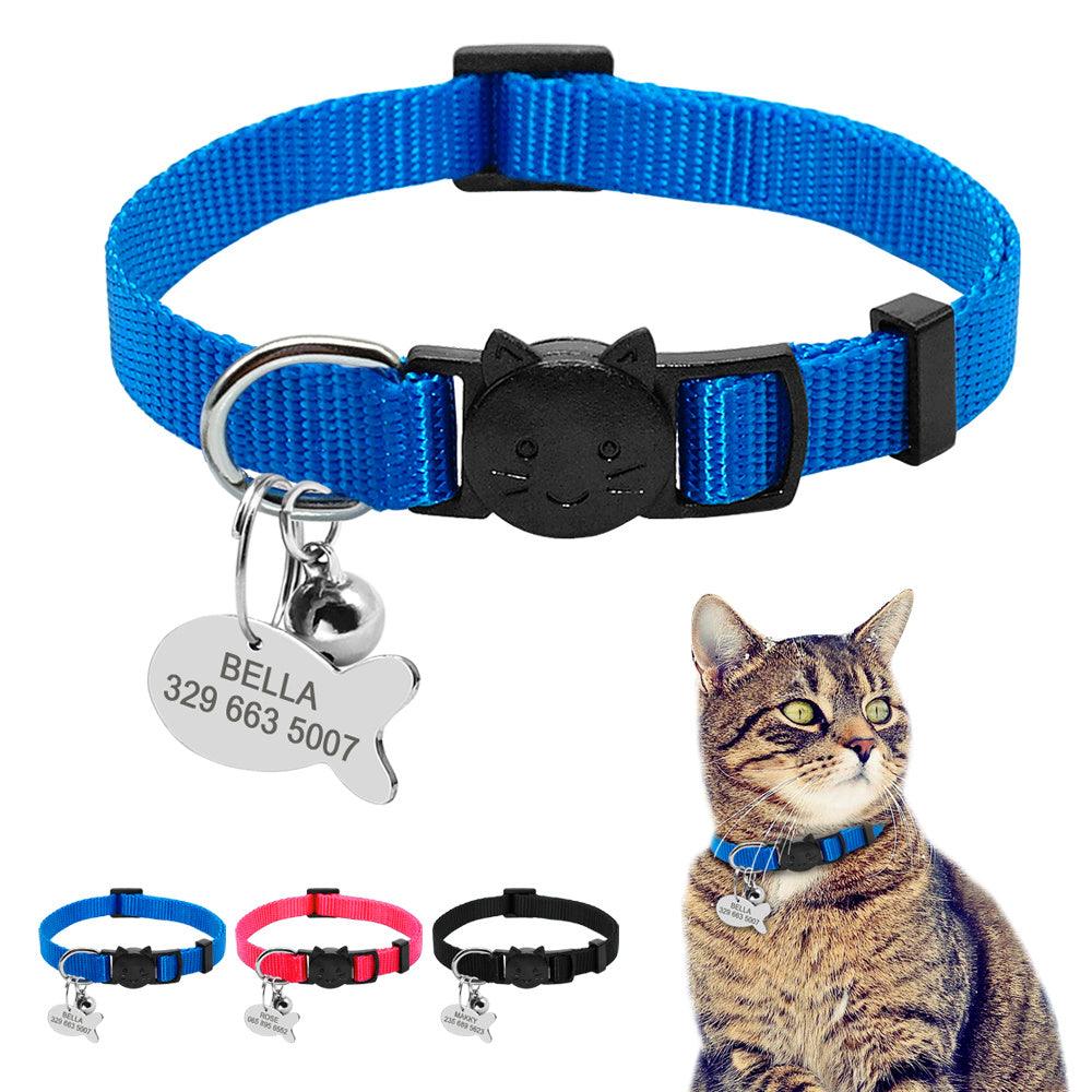 Quick Release Cat ID Collar - Plastic buckle with D ring for easy on/off. Personalized fish-shaped ID tag with engraving option. Includes bell for easy locating. Available in adjustable sizes and classic colors.