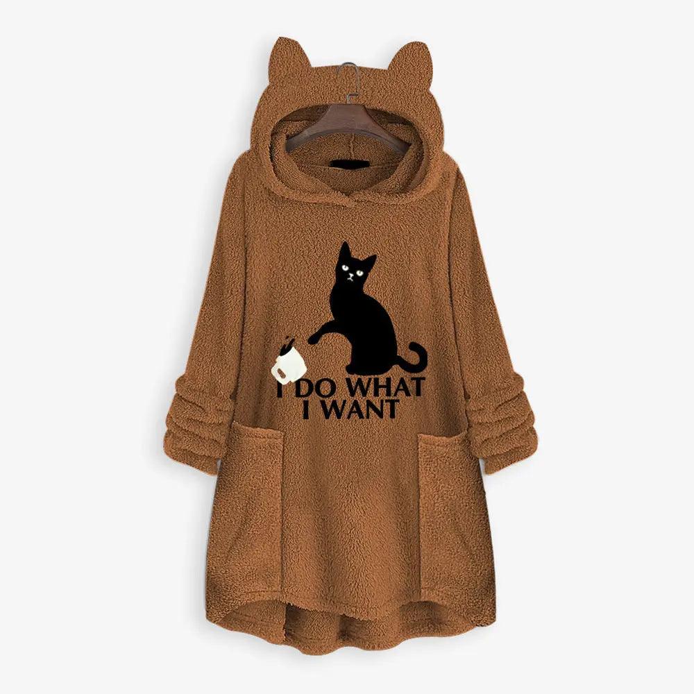 Cat Hooded Hoodie for Women - Double-sided velvet for a soft, cozy feel. Polyester blend with spandex for durability and stretch. Features hood with cute cat ears. Perfect for lounging or casual outings