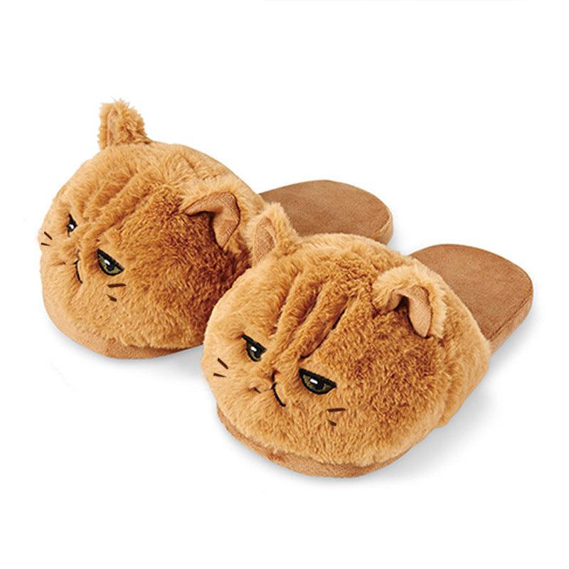 Unisex Cartoon Plush Slippers with cute cat face design, soft artificial wool interior, and durable rubber soles for adults and kids