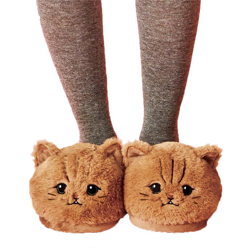 Unisex Cartoon Plush Slippers with cute cat face design, soft artificial wool interior, and durable rubber soles for adults and kids